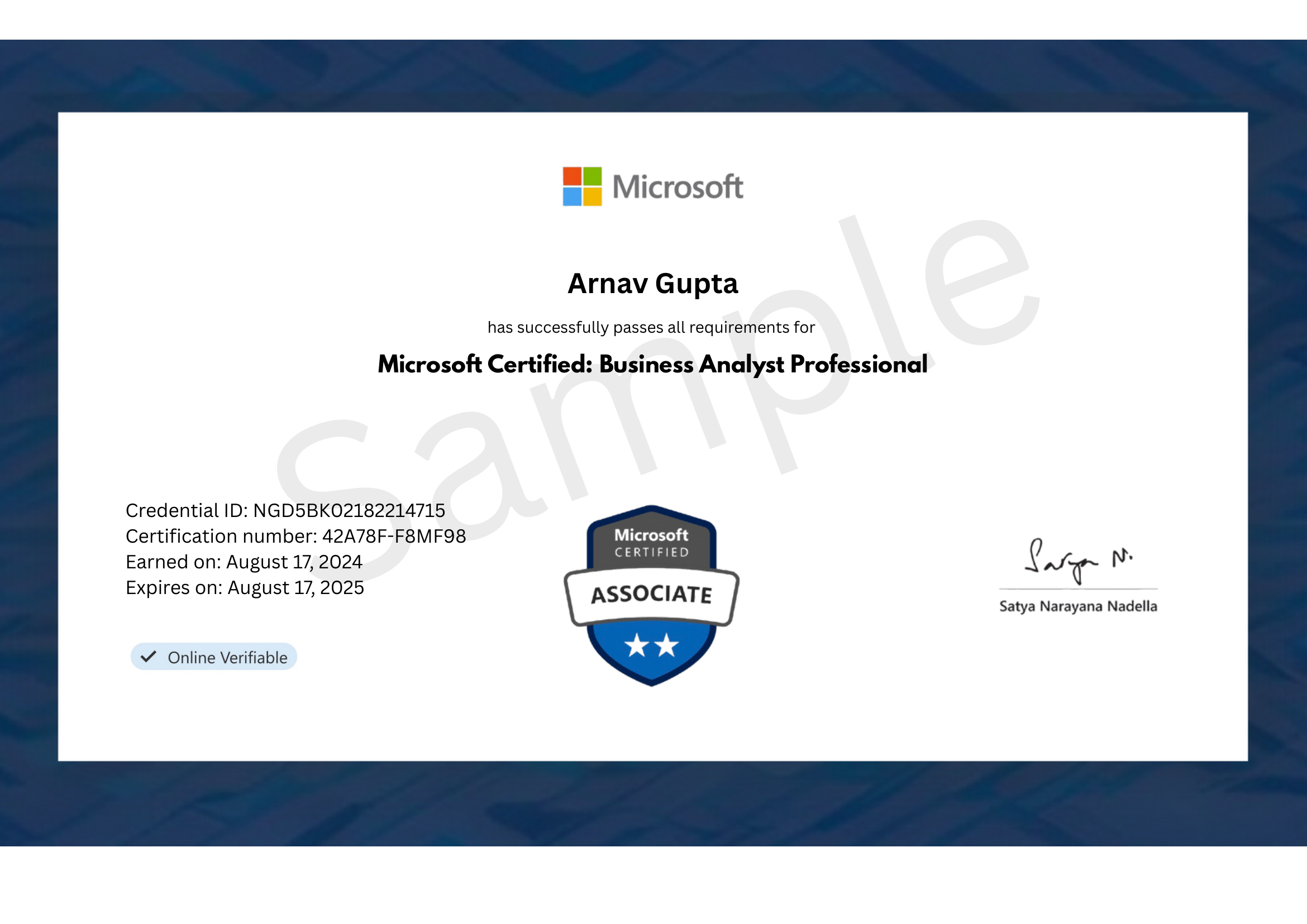 Microsoft Certified: Business Analyst Professional — sample certificate